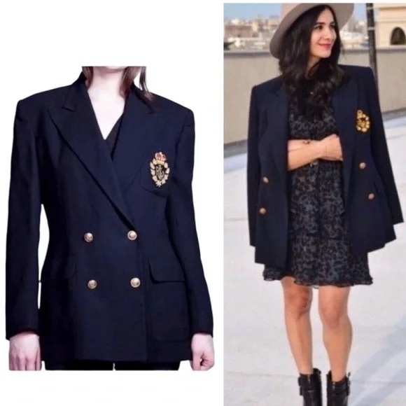 Ralph Lauren navy blue wool double breasted blazer crest logo embroidered emblem - Picture 2 of 15